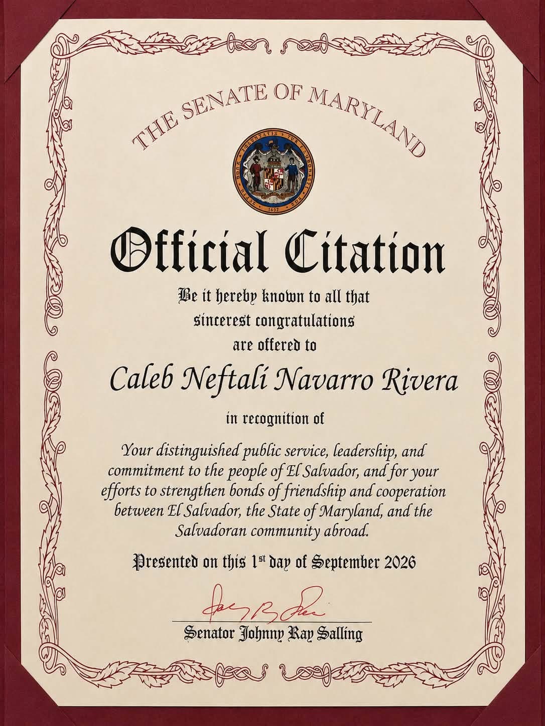 Caleb Navarro recibe reconocimiento por su servicio público y por fortalecer los lazos entre El Salvador y Maryland
